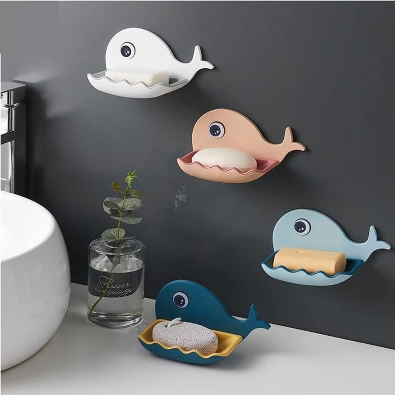 QXORE Non-Drill Magic Sticker Self Adhesive Soap Holder for Bathroom/Soap Case/Soap Dish/Soap Box/Soap Stand for Sink for Travel Camping with Removable Drain Tray (4 Pack Fish Soap Dish) - Image 1