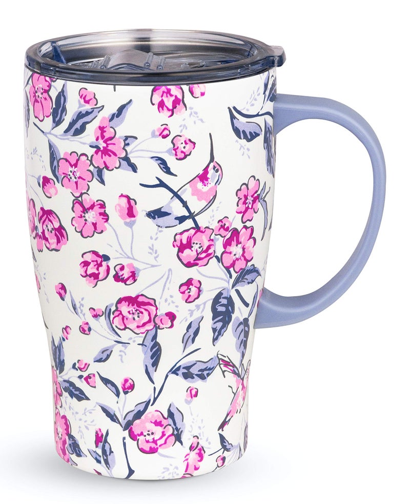 Vera Bradley Insulated Coffee Mug with Handle 18 Ounce Stainless Steel Tumbler with Lid Pink Floral Metal Thermal Cup Hummingbird Ditsy