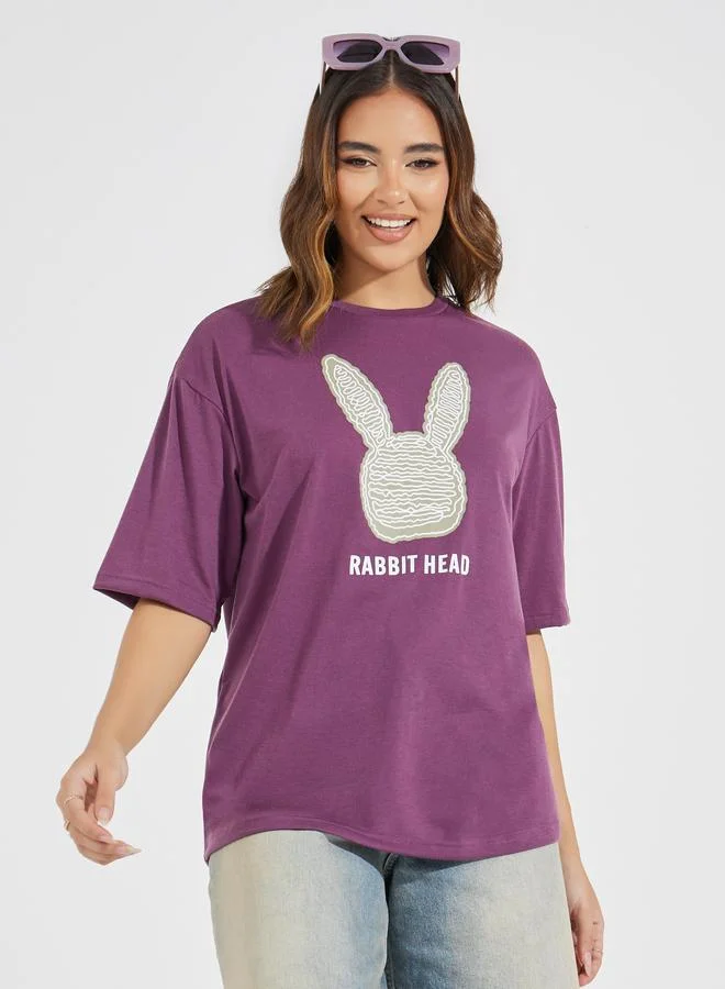 Styli Oversized Rabbit Graphic T-Shirt with Dropped Shoulder