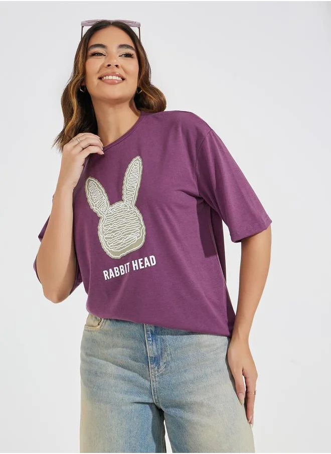 Styli Oversized Rabbit Graphic T-Shirt with Dropped Shoulder