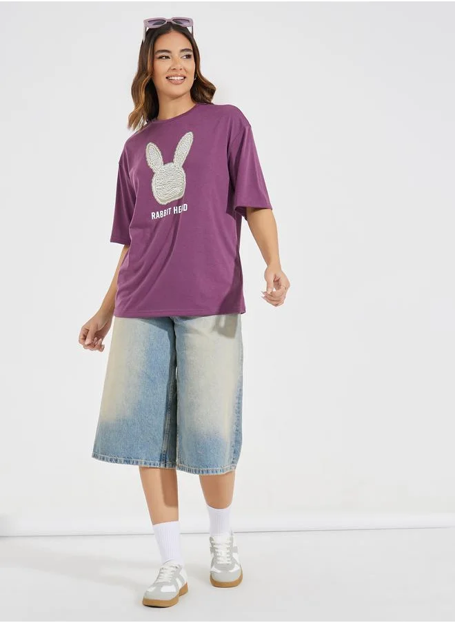 Styli Oversized Rabbit Graphic T-Shirt with Dropped Shoulder