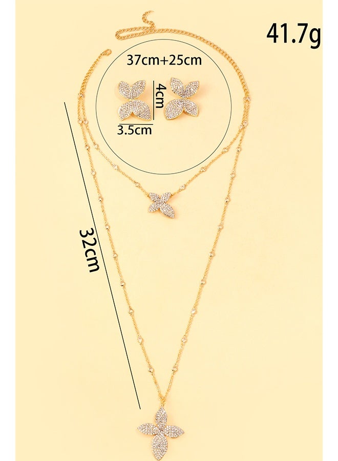 Flower Jewelry Set Crystal 3‑Piece Floral Statement Necklace Earrings Set Gold Layered Bridal Wedding Party Gift Lightweight Costume Jewelry  - Image 5
