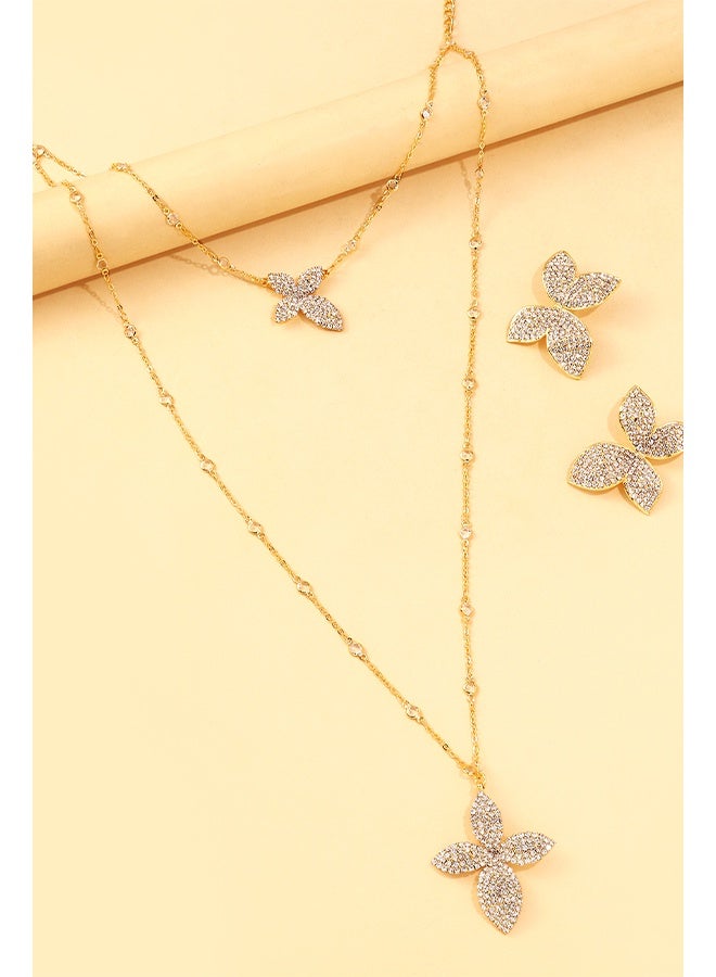Flower Jewelry Set Crystal 3‑Piece Floral Statement Necklace Earrings Set Gold Layered Bridal Wedding Party Gift Lightweight Costume Jewelry  - Image 3