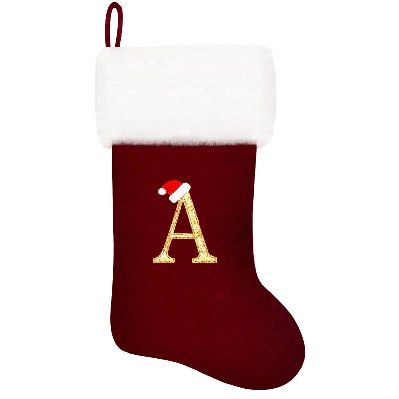 Eoocan 20 Inches Monogram Christmas Stockings Wine Red Velvet with White Super Soft Plush Cuff Embroidered Stocking Classic Personalized Stocking Decoration for Family Holiday Season DecorLetter A