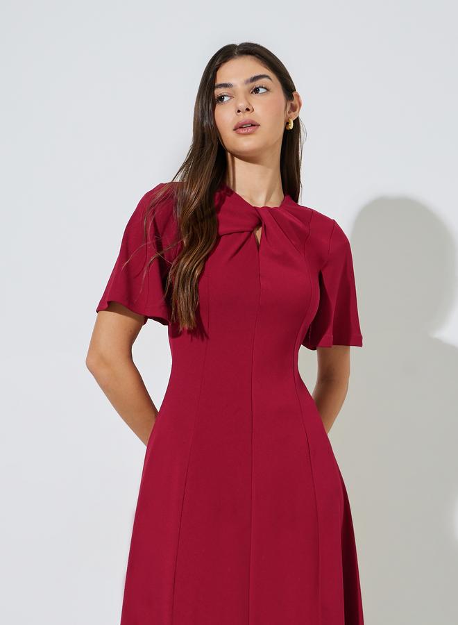 Styli Red Solid Short Sleeves A-Line Midi Dress - Image 2