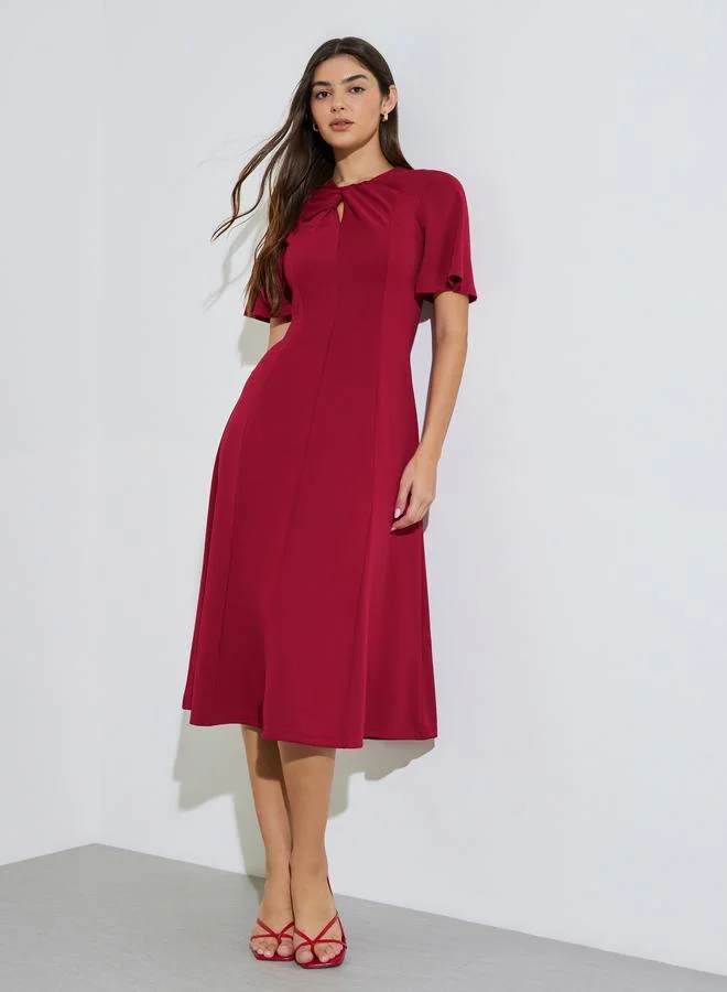 Red Solid Short Sleeves A-Line Midi Dress