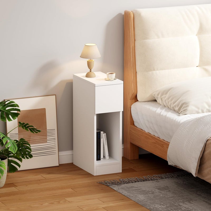 Pantanal Slim Wood Bedside Table Bedroom Nightstand Cabinet with Drawer Shelf Narrow Small Living Room Sofa Side Table End Table White