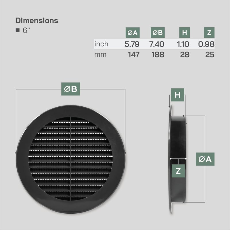 Vent Systems 6'' Inch - Pack of 10 - Black Soffit Vent Cover - Round Intake or Exhaust Air Vent Louver with Screen Mesh - Air Supply HVAC Ventilation for Bathroom, Home Office, Kitchen - Image 2