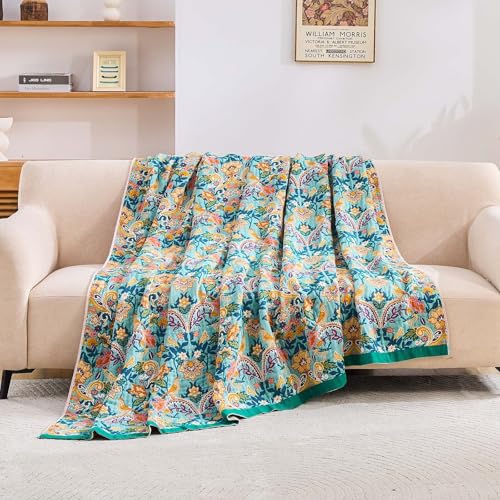 XIBLC Boho Blanket Throw Quilt, 100% Cotton Soft Light Weight Throw Blankets for Summer, 80"x90" Farmhouse Flower Decorative Blankets, All Season Rustic Reversible Bohemian Throw Quilt - Image 3