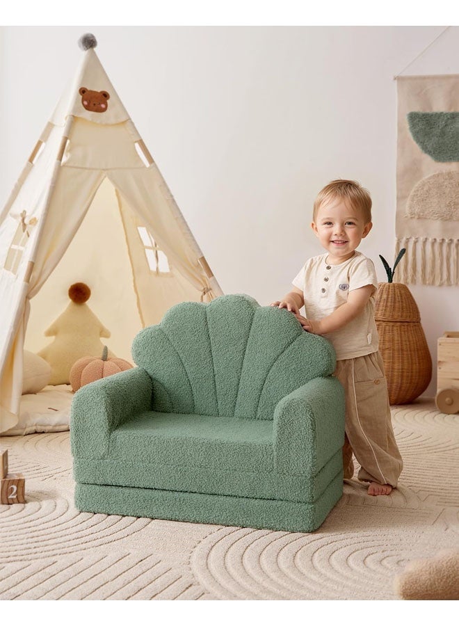 Kids Couch, 2-in-1 Soft Toddler Couch Fold Out, Toddler Chair Comfy, Convertible Sofa to Lounger, Kids Furniture for Playroom, Gift for Birthday, Children's Day, Green Shell - Image 2