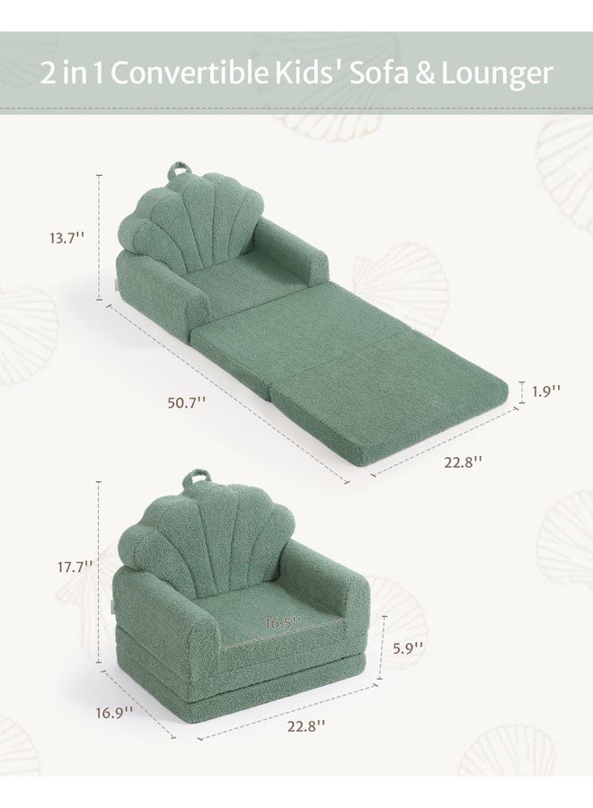 Kids Couch, 2-in-1 Soft Toddler Couch Fold Out, Toddler Chair Comfy, Convertible Sofa to Lounger, Kids Furniture for Playroom, Gift for Birthday, Children's Day, Green Shell - Image 3
