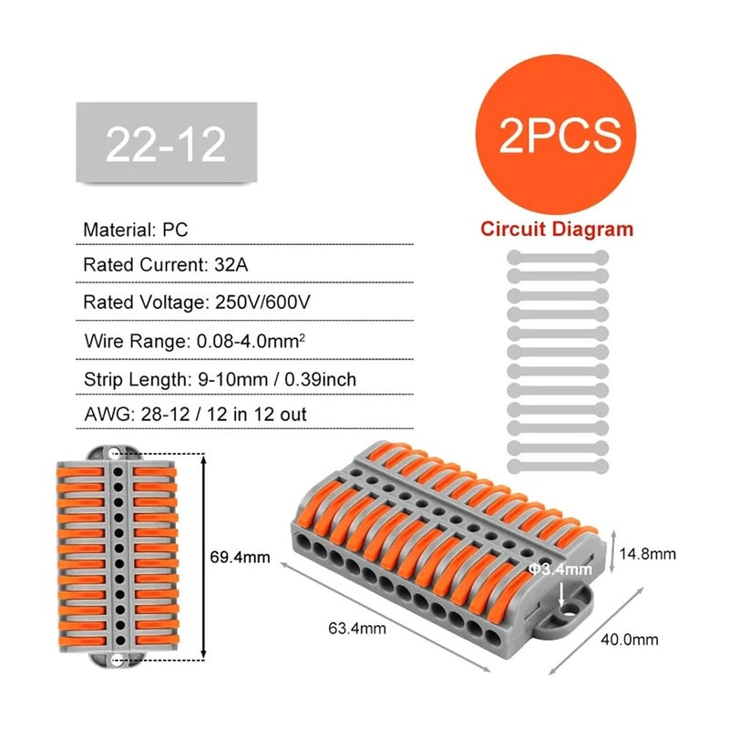 Universal Compact Wiring Terminal Block with Fix Hole 22G 12 2PCS for Home Electrical Docking - Image 2