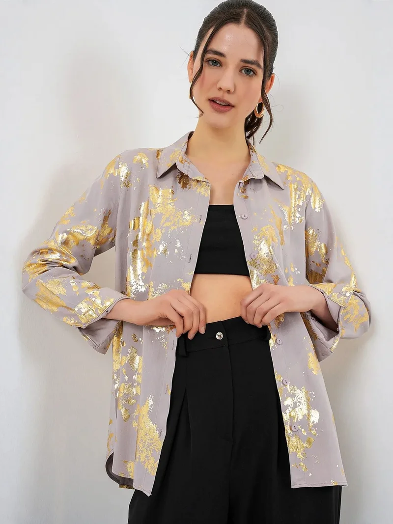 Big Dart Amber Yellow BDART Oversized Abstract Print Button-Front Shirt for Women | Best Price UAE