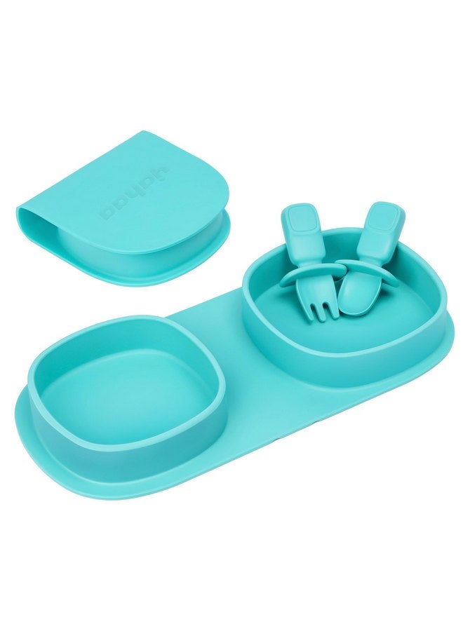 yahaa Toddler Plates Travel Essential on the go,Baby Plates with Forks and Spoons Self Feeding 6 months,Foldable,Silicone,BPA Free,Aqua - Image 1