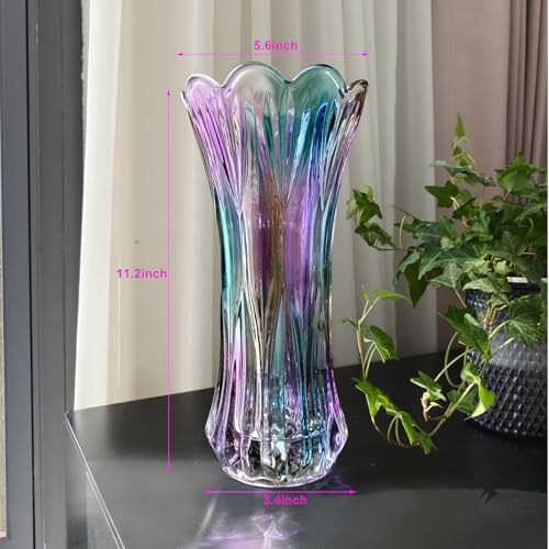 Yuccasly 11.2 Inch Glass Vase-Iridescent Purple and Teal Thickened Cylinder Colorful Flower Vase Decor for Home Dining Table Centerpiece Office Wedding Holiday Party - Image 2