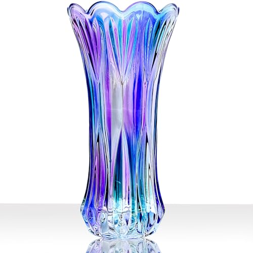 Yuccasly 11.2 Inch Glass Vase-Iridescent Purple and Teal Thickened Cylinder Colorful Flower Vase Decor for Home Dining Table Centerpiece Office Wedding Holiday Party - Image 1