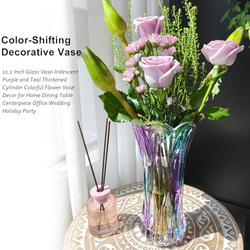 Yuccasly 11.2 Inch Glass Vase-Iridescent Purple and Teal Thickened Cylinder Colorful Flower Vase Decor for Home Dining Table Centerpiece Office Wedding Holiday Party - Image 3