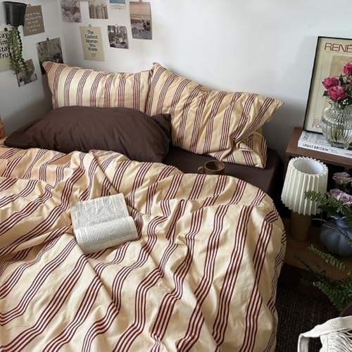 Nayoroom Striped Duvet Cover Queen Size Vintage Brown Striped Duvet Cover 3 Pieces 100% Washed Cotton Soft Breathable Girls Dorm Bedding Set for Hot Sleepers - Image 3