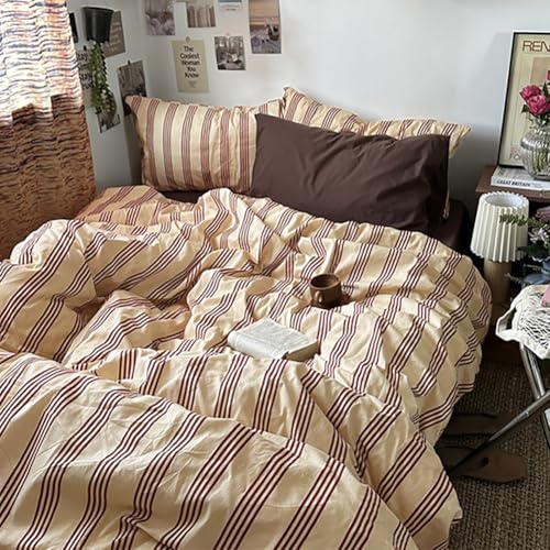 Nayoroom Striped Duvet Cover Queen Size Vintage Brown Striped Duvet Cover 3 Pieces 100% Washed Cotton Soft Breathable Girls Dorm Bedding Set for Hot Sleepers - Image 4