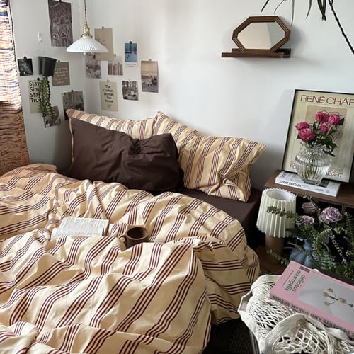 Nayoroom Striped Duvet Cover Queen Size Vintage Brown Striped Duvet Cover 3 Pieces 100% Washed Cotton Soft Breathable Girls Dorm Bedding Set for Hot Sleepers - Image 2