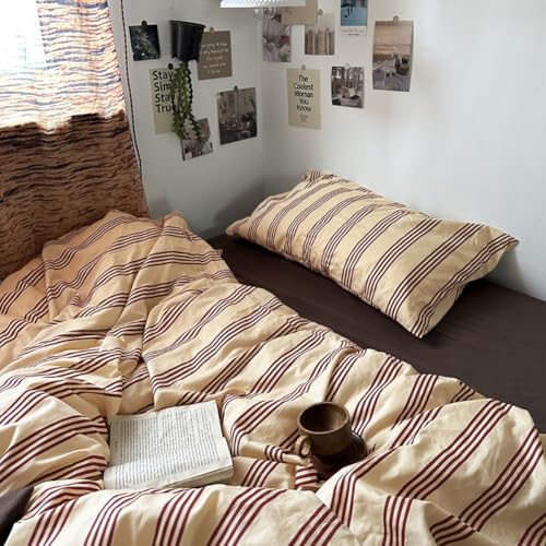 Nayoroom Striped Duvet Cover Queen Size Vintage Brown Striped Duvet Cover 3 Pieces 100% Washed Cotton Soft Breathable Girls Dorm Bedding Set for Hot Sleepers - Image 5