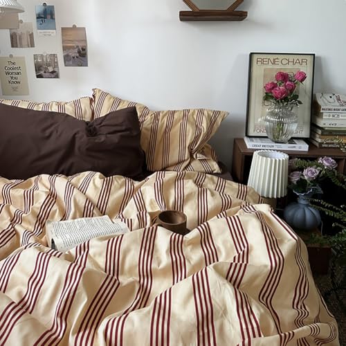 Nayoroom Striped Duvet Cover Queen Size Vintage Brown Striped Duvet Cover 3 Pieces 100% Washed Cotton Soft Breathable Girls Dorm Bedding Set for Hot Sleepers - Image 1