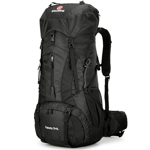 W WINTMING WintMing 75L Hiking Backpack with Rain Cover Waterproof Camping Backpack Shoes Warehouse for Men Women, Frameless (black) - Image 1