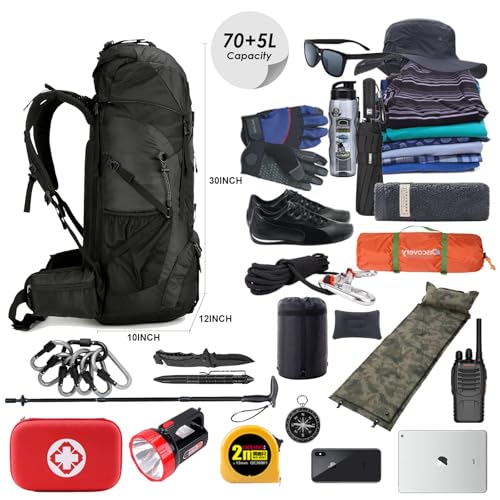 W WINTMING WintMing 75L Hiking Backpack with Rain Cover Waterproof Camping Backpack Shoes Warehouse for Men Women, Frameless (black) - Image 3