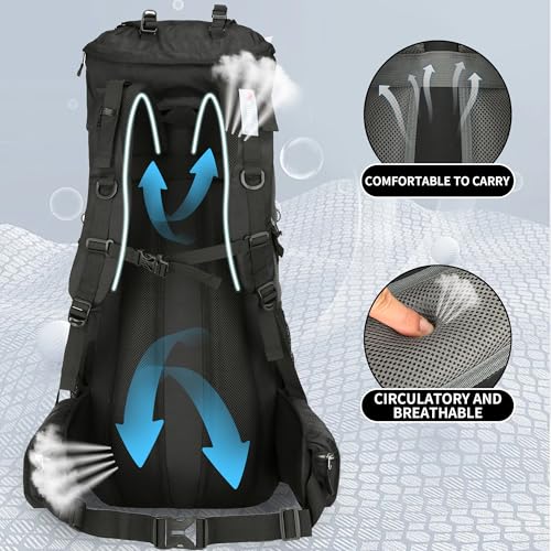 W WINTMING WintMing 75L Hiking Backpack with Rain Cover Waterproof Camping Backpack Shoes Warehouse for Men Women, Frameless (black) - Image 5