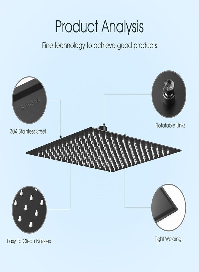BWE رأس دش مطري BWE ضغط عالي أسود 16 بوصة مربع من الفولاذ المقاوم للصدأ 304 مع اتصال 1/2 لتركيب السقف أو الجدار في الحمام - Image 5