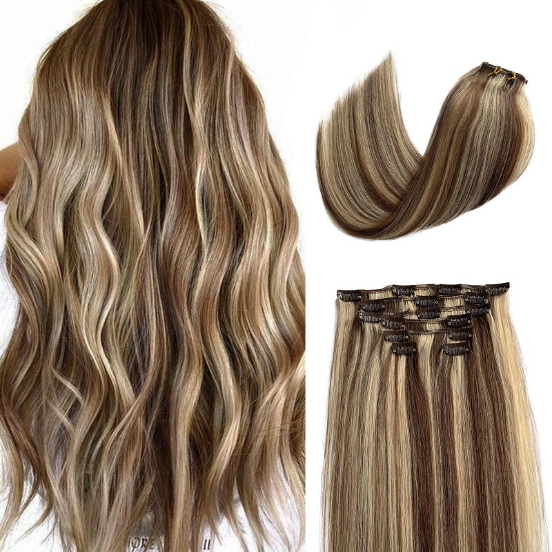 Clip in Hair Extensions Human Hair Medium Brown and Blonde Straight Fine Remy Human Hair Clip in Extensions for Women Seamless 14 Inch 70G Brown Hair Extension with Blonde Highlights