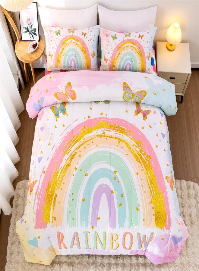NTBED Rainbow Comforter Set with Sheets,5 Pieces Butterfly Bed in a Bag Twin Size for Girls, Lightweight Microfiber Kids Bedding Sets - Image 1
