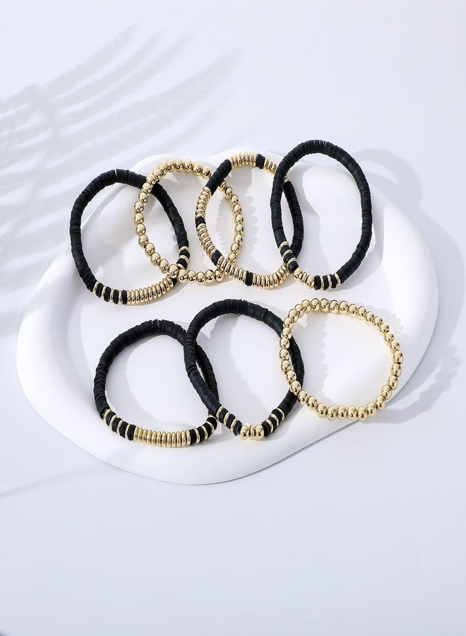 GOOJIDS Surfer Heishi Clay Bead Bracelets for Women Bohemian Stackable Gold Plated Beaded Stretch Bracelets Elastic Layering Friendship Bracelets Set Boho Jewelry, Medium, Polymer clay, no gemstone - Image 3