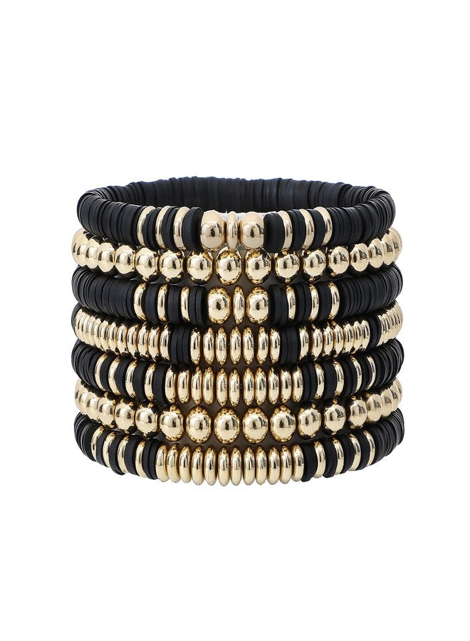 GOOJIDS Surfer Heishi Clay Bead Bracelets for Women Bohemian Stackable Gold Plated Beaded Stretch Bracelets Elastic Layering Friendship Bracelets Set Boho Jewelry, Medium, Polymer clay, no gemstone - Image 1