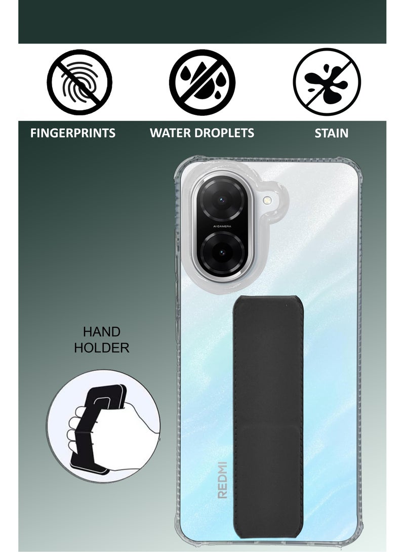 For Redmi A5 4G / Poco C71 - Transparent Shock Proof Silicone- Magnetic Case With Hand Grip Holder & Kickstand -Clear/Black