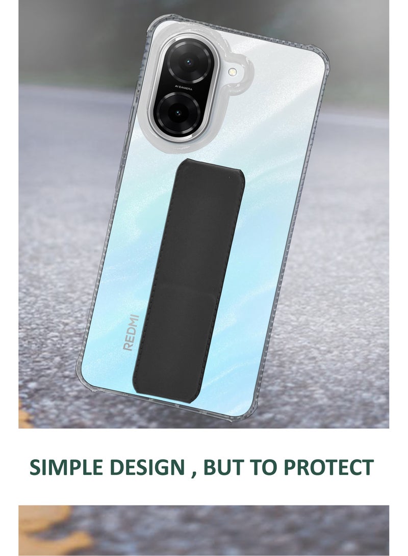 For Redmi A5 4G / Poco C71 - Transparent Shock Proof Silicone- Magnetic Case With Hand Grip Holder & Kickstand -Clear/Black