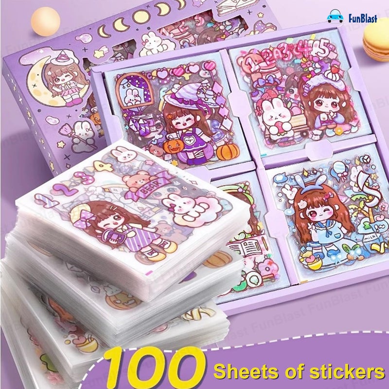 FunBlast ملصقات أرضية ذاتية اللصق من عالم نيني السحري - 100 ورقة ملصقات وشي لطيفة من PVC لمشاريع، مجموعة ملصقات فتيات على الطراز الياباني، تزيين دفاتر، حرف يدوية - 18 × 18 × 2 سم - Image 3