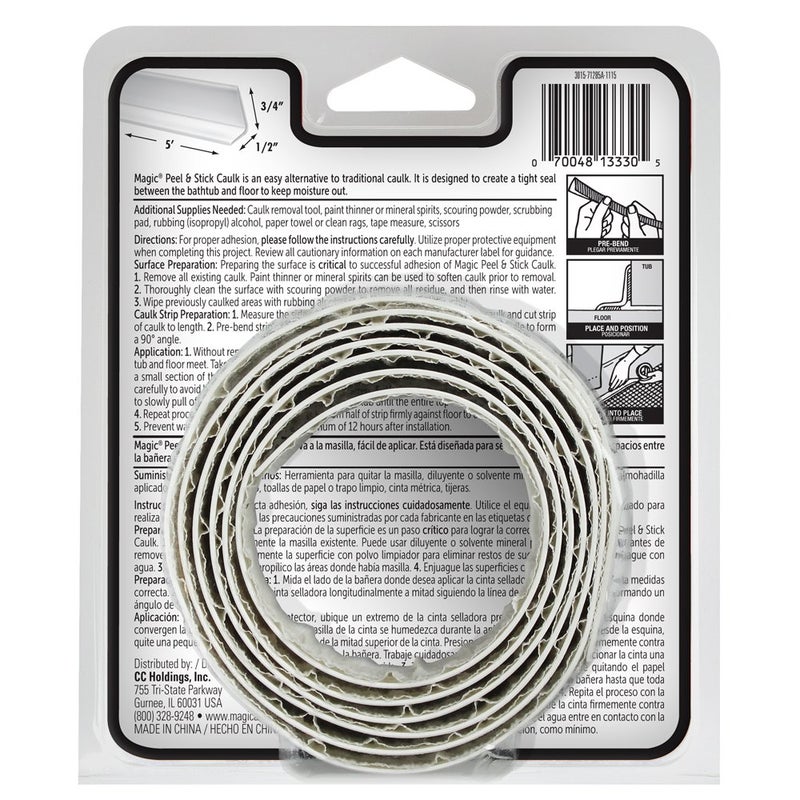 Magic American Tub/Floor Peel and Stick Caulk, 1-1/4" x 5' (3.1cm * 1.5m) , (1 Count (Pack of 1), white) - Image 2