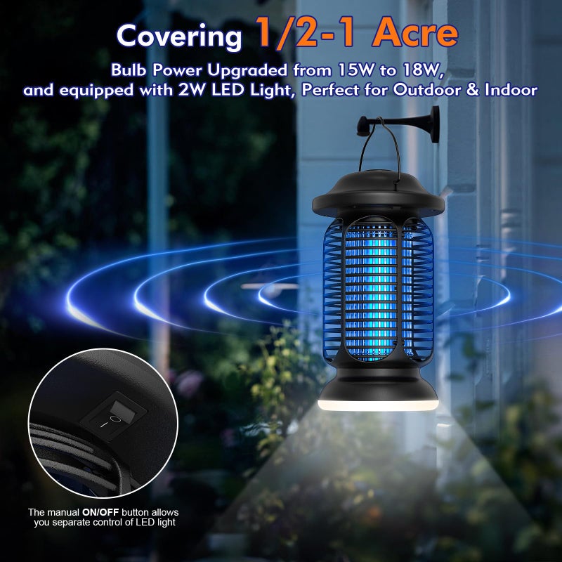 AMUFER Bug Zapper Outdoor & Indoor, Upgraded 18W Exclusive Blue-Violet Light with 2W LED Lamp, 100% Increase in Mosquito Control Effect, Coverage of 1/2-1 Acre, Fly Zapper for Patio, Backyard, Home - Image 2
