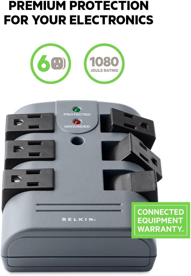 belkin Belkin Power Strip Surge Protector  6 Rotating AC Multiple Outlets Flat Pivot Plug  Heavy Duty Wall Outlet Extender for Home Office Travel Computer Desktop  Phone Charging Brick 1080 Joules  - Image 2