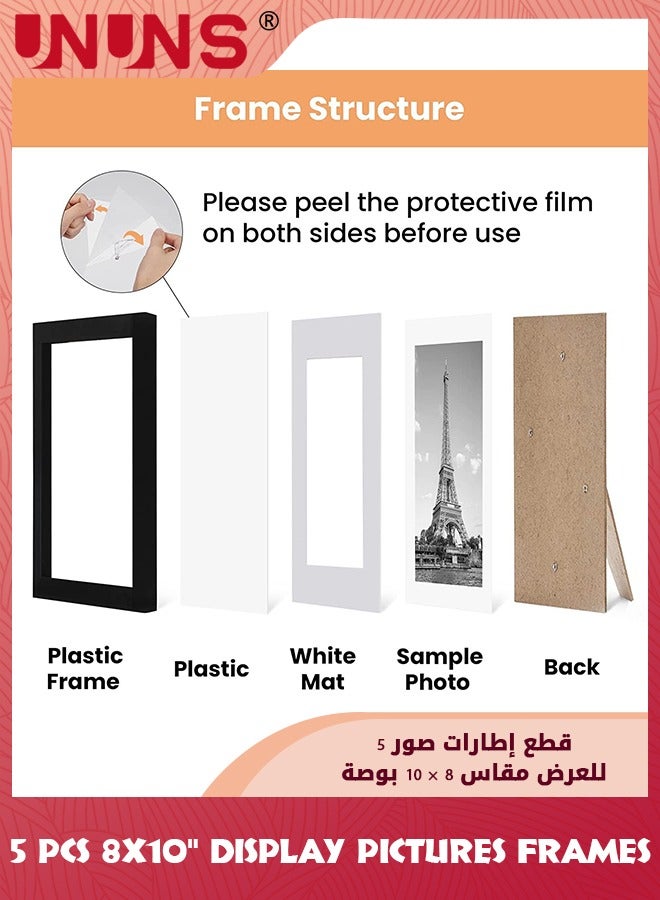 UNUNS Picture Frame Set of 5, 8"x10"Picture Frames, Display Pictures 6x8 With Mat Or 8x10 Without Mat, Multi Photo Frames Collage, Tabletop Or Wall Display Decoration,Black - Image 2