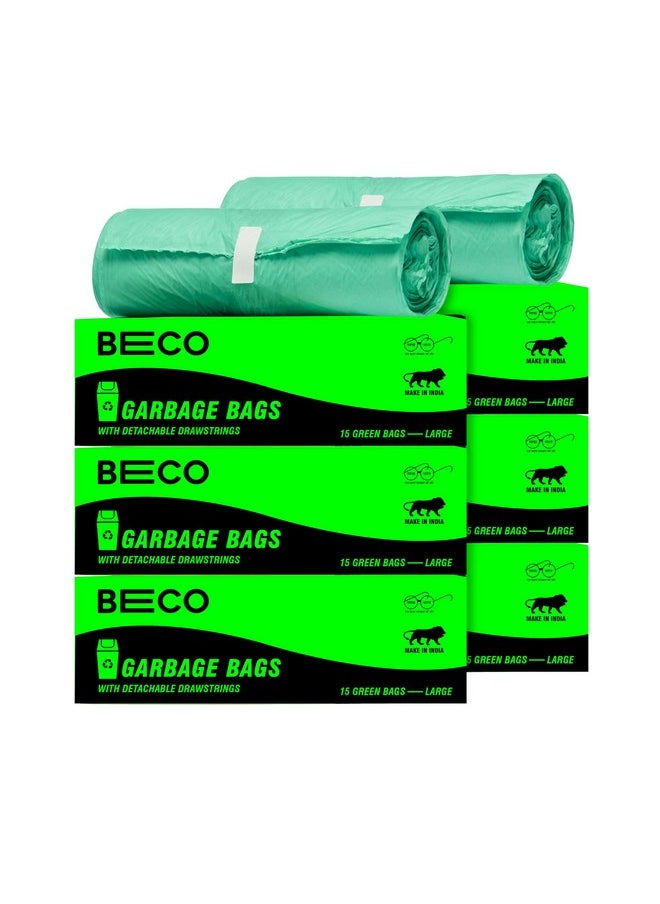 BECO Beco Eco-Friendly Garbage Bags for Dustbin | 90 Pcs | Large 24 X 32 Inches | Pack of 6 | Green | Dustbin Bags/Trash bags with Detachable drawstrings  - Image 1