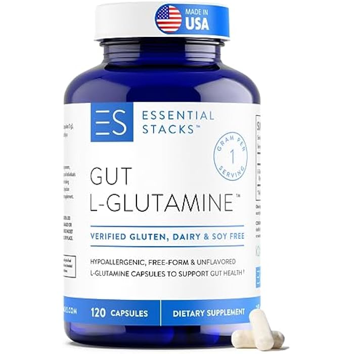 Essential Stacks Gut L-Glutamine Capsules 1000mg (Made in USA) - Gluten, Dairy & Soy Free, Non-GMO L Glutamine for Gut Health - 60 Serves (120 Caps) - Image 1
