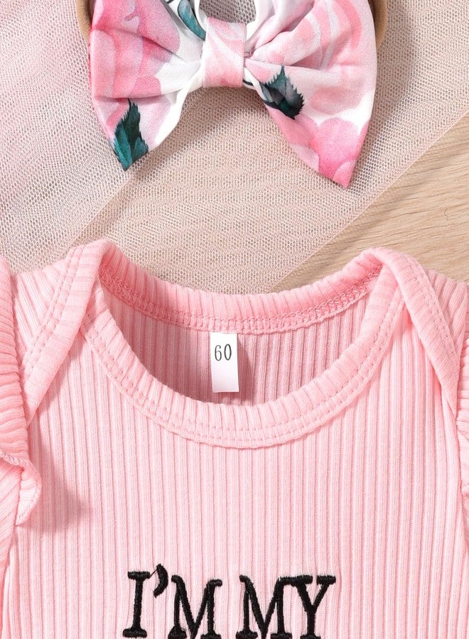 HIHA Infant Baby Girl Summer Clothes Ruffle Bodysuit Floral Shorts Outfit Daddys Mommys World Clothing with Headband 0-3 Months Pink - Image 5
