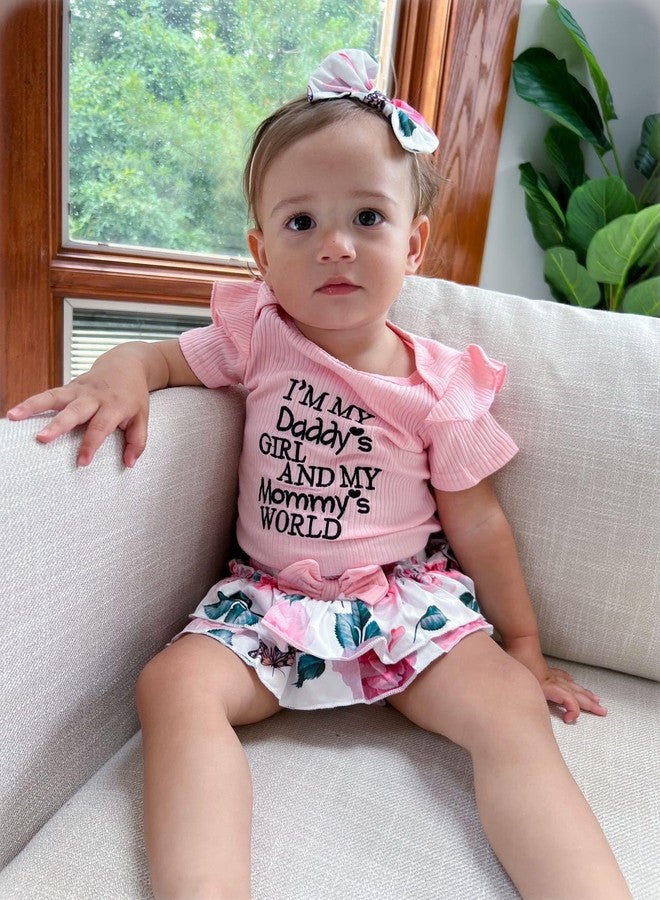 HIHA Infant Baby Girl Summer Clothes Ruffle Bodysuit Floral Shorts Outfit Daddys Mommys World Clothing with Headband 0-3 Months Pink - Image 3