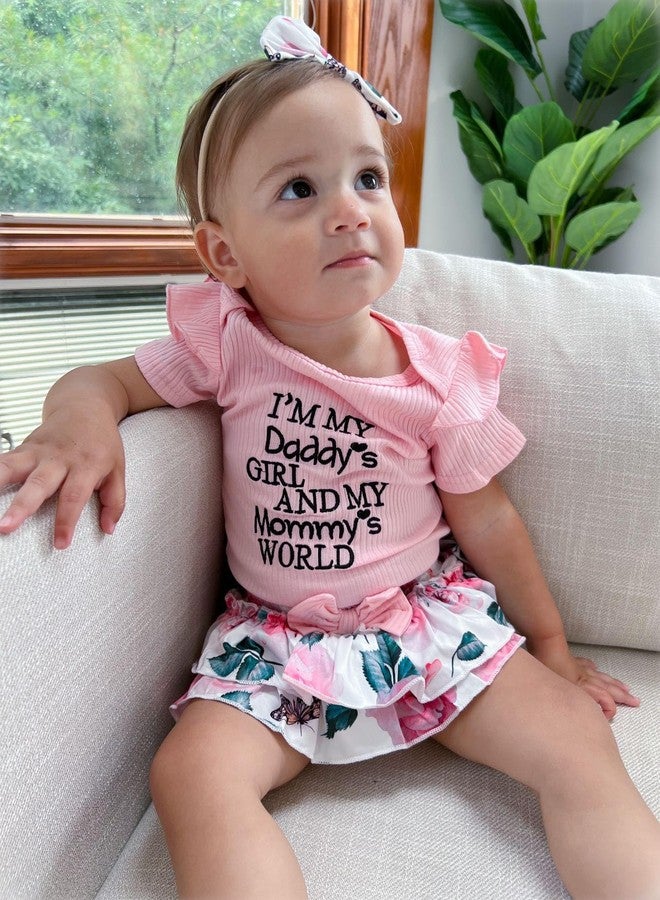 HIHA Infant Baby Girl Summer Clothes Ruffle Bodysuit Floral Shorts Outfit Daddys Mommys World Clothing with Headband 0-3 Months Pink - Image 2
