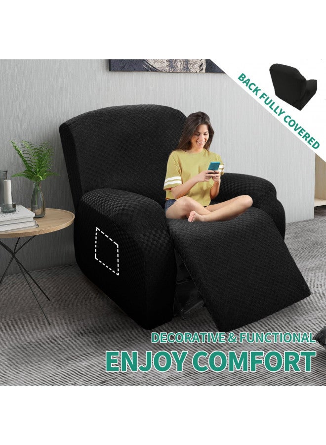 YEMYHOM YEMYHOM 4 Pieces Stretch Recliner Slipcover Latest Jacquard Recliner Chair Cover with Side Pocket Anti-Slip Fitted Recliner Cover Couch Furniture Protector with Elastic Bottom (Recliner, Black)  - Image 1
