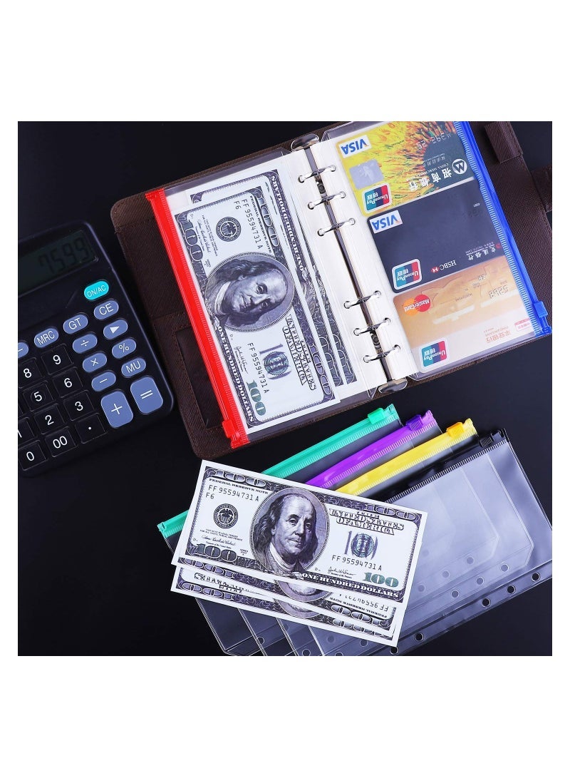 A5 Binder Pockets, 6 Holes Zipper Envelopes Planner Inserts Binder Pouch for 6-Ring Notebook Binder,  Waterproof PVC Loose Leaf Bags Document Folders Filing Bags, Multicolor