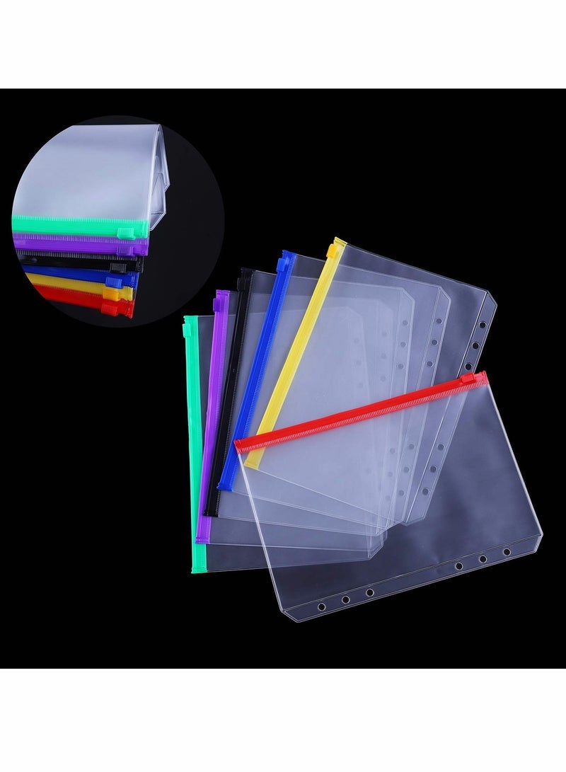 A5 Binder Pockets, 6 Holes Zipper Envelopes Planner Inserts Binder Pouch for 6-Ring Notebook Binder,  Waterproof PVC Loose Leaf Bags Document Folders Filing Bags, Multicolor