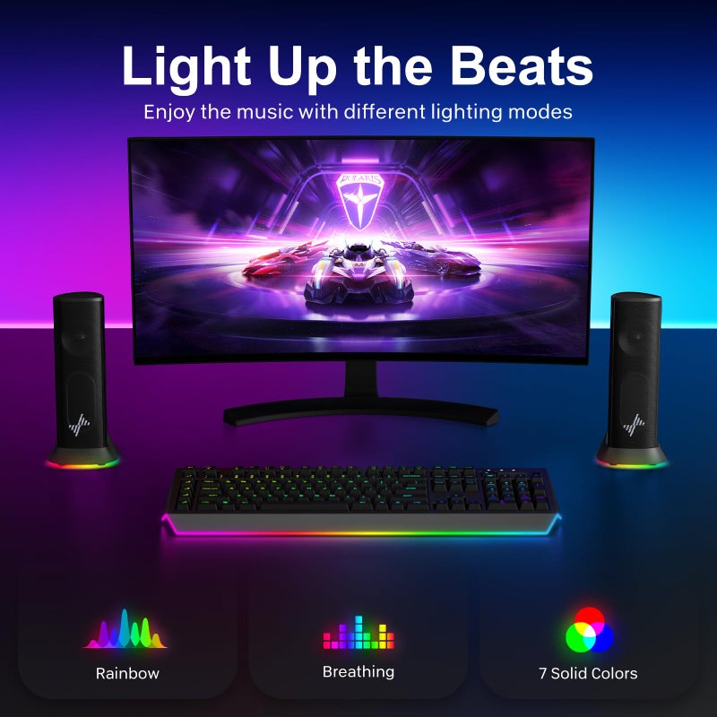 Nylavee Computer Speakers for Desktop PC, Immersive Sound with RGB Lights, USB/USB-C Powered & 3.5mm AUX-in Plug-and-Play Speakers for Monitor & Laptop - Image 4